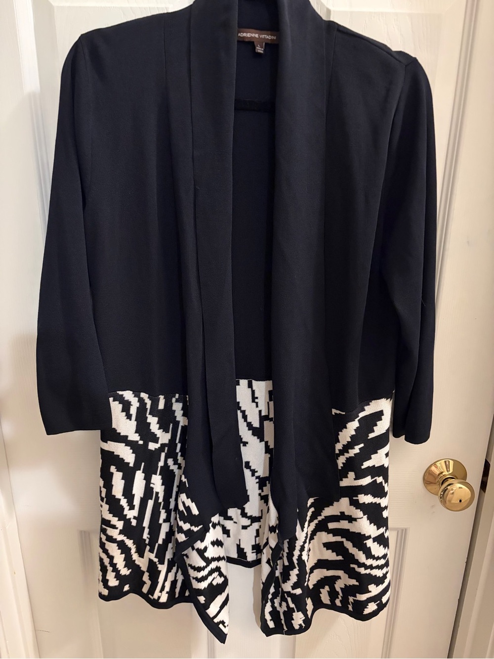 Adrienne Vittadini Black with White Zebra Trim Open Cardigan